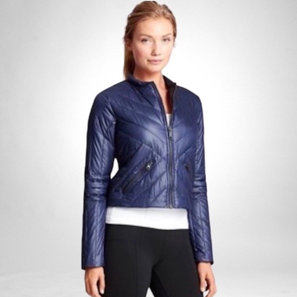 Athleta Navy Blue Full Zip Geneva Down Quilted Moto Lightweight Puffer Jacket